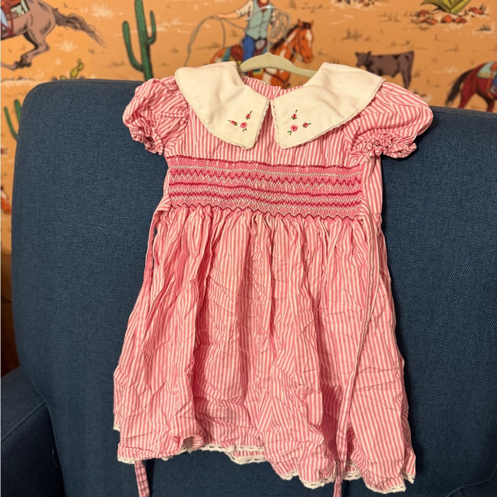 Vintage Pink Striped Toddler Smocked Dress with Embroidered Collar